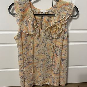 CAbi # 837 Flashback sheer tunic, ruffle neck tie, sleeveless blouse. Size large